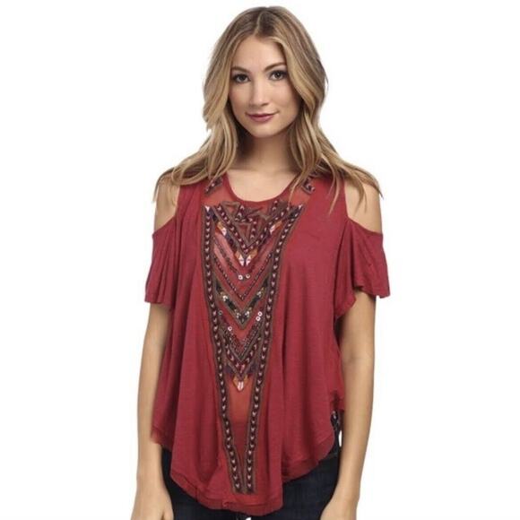 Free People Tops - Free People Gypsy Love Spell Cold Shoulder Embroidered Embellished Top Size S
